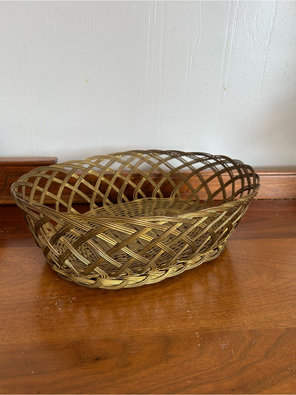 Vintage Brass Woven Wire Basket | MCM Lattice Gold Bowl Home Decor